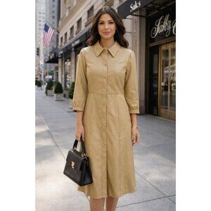 Ellen Tracy Sand Faux Leather Midi Dress Snap Closure 3/4 Sleeve Large